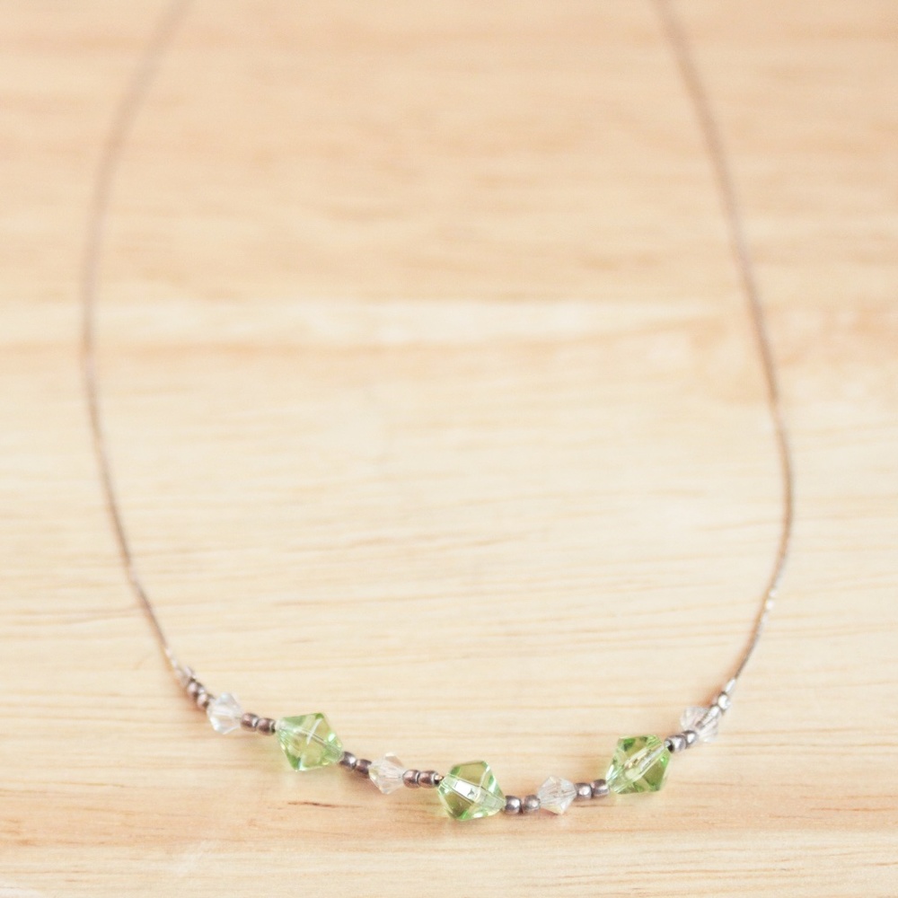 Green Clear Geometric Glass Bead Sterling Silver 925 Necklace Chic Subtle Glam